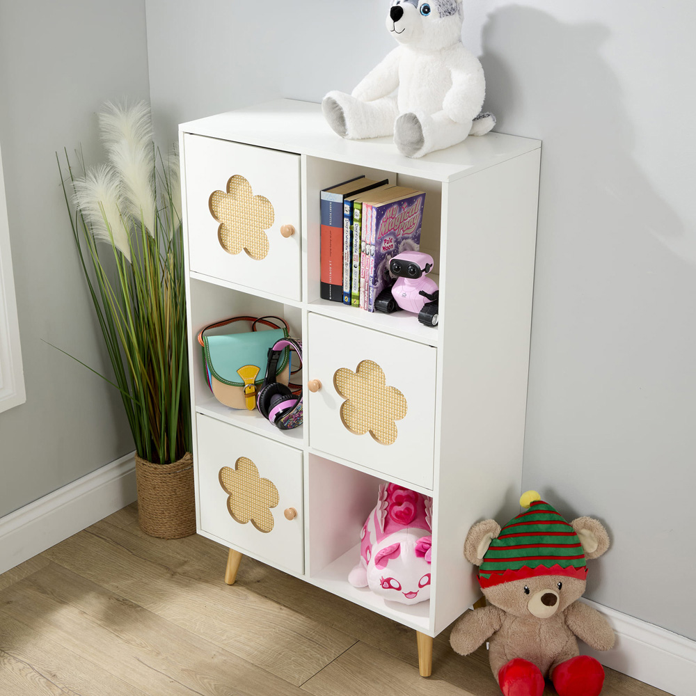 Home Source Daisy 3 Door 3 Shelf White Cut Out Rattan Insert Kids Cube Storage Unit Image 9