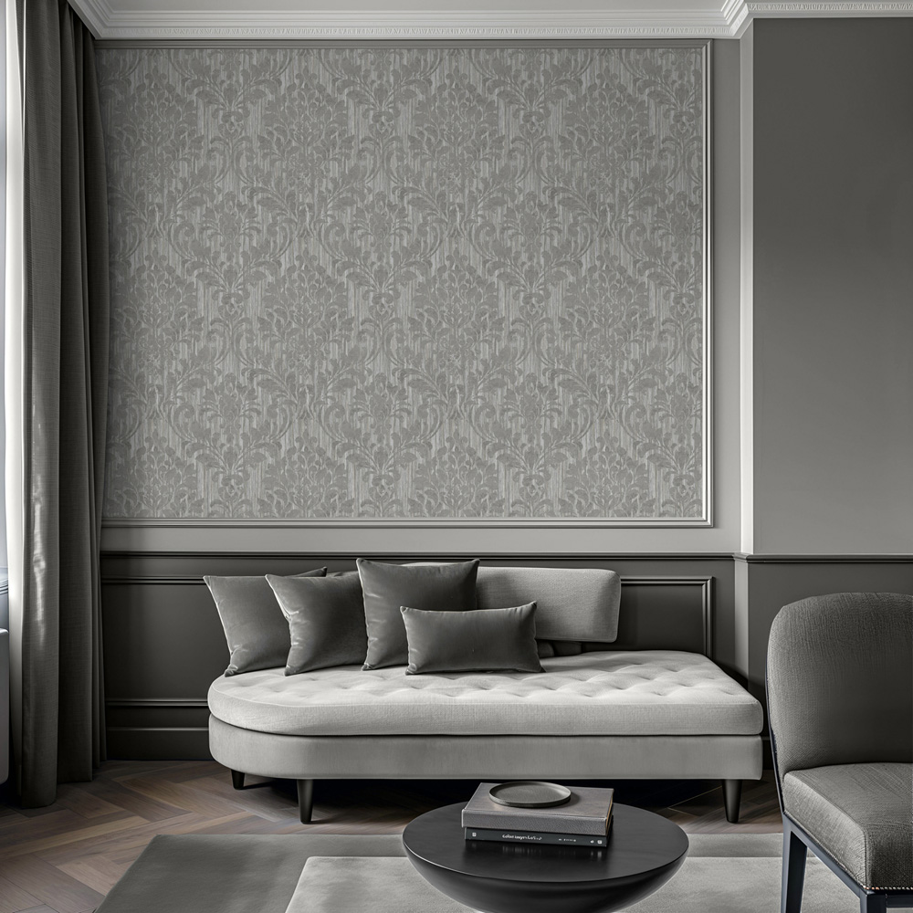 Muriva Theon Ornate Scroll Damask Grey Wallpaper Image 6