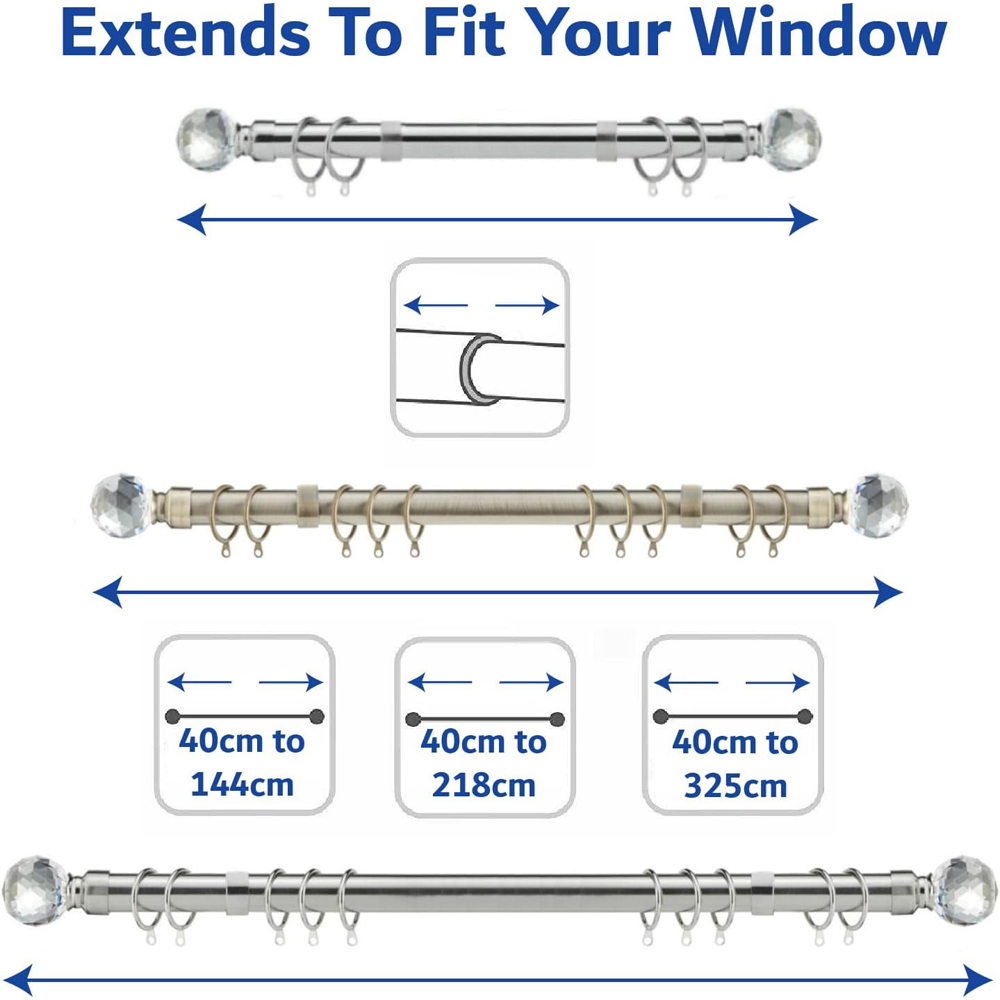 Home Treats 40 to 325cm Extendable Satin Nickel Metal Crystal Curtain Pole Image 9