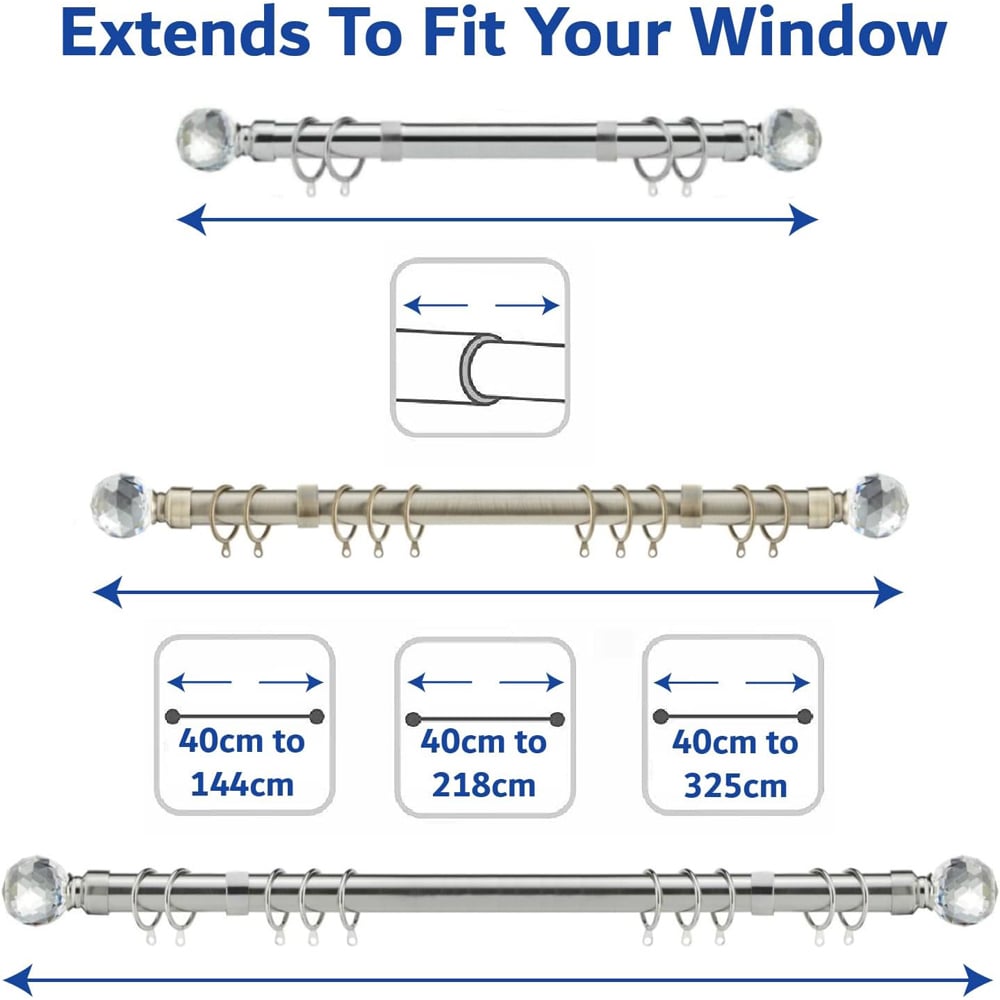 Home Treats 40 to 144cm Extendable Antique Brass Metal Crystal Curtain Pole Image 9