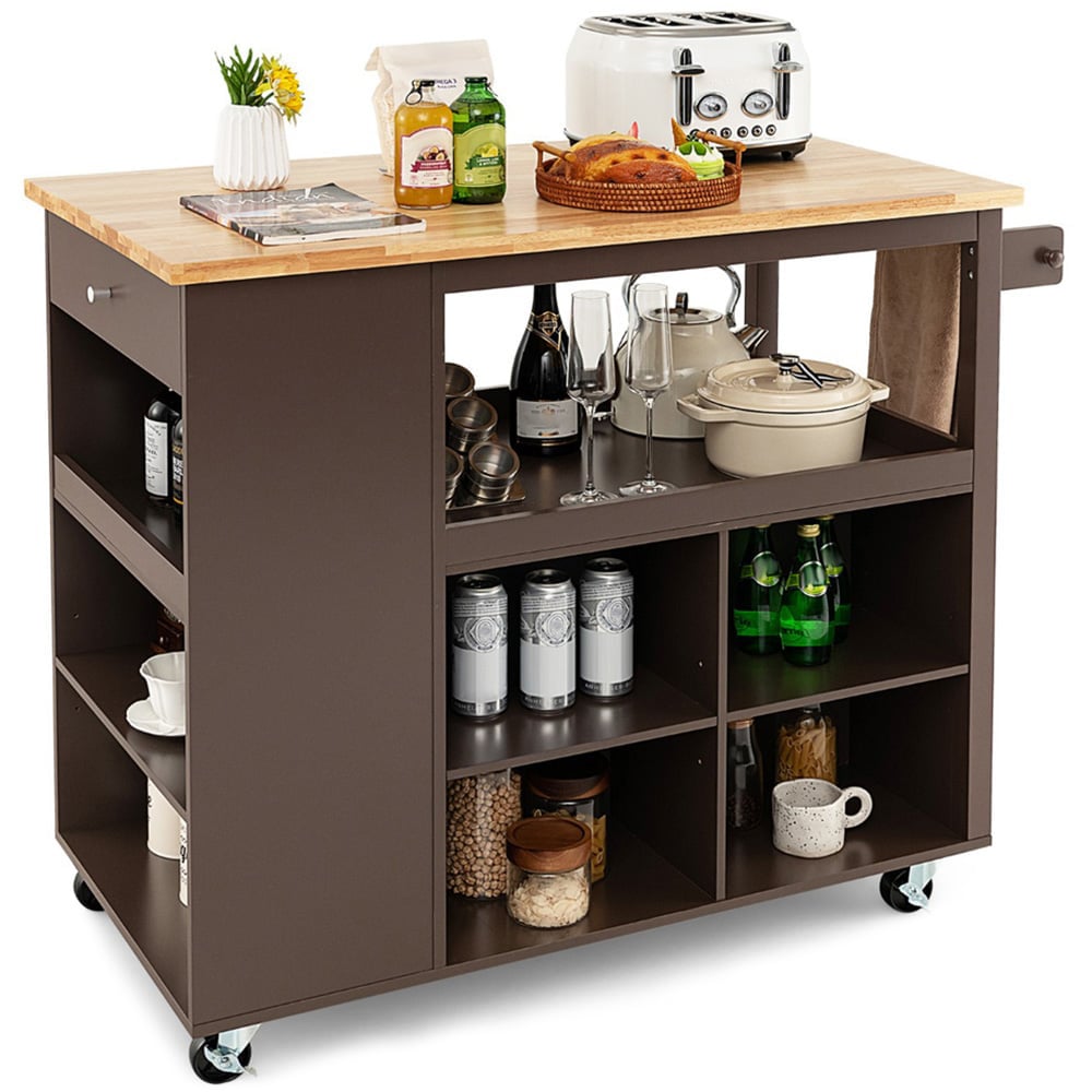 Costway Single Drawer 5 Shelf 4 Cube Brown Rubberwood Top Mobile Serving Trolley Cart Image 1