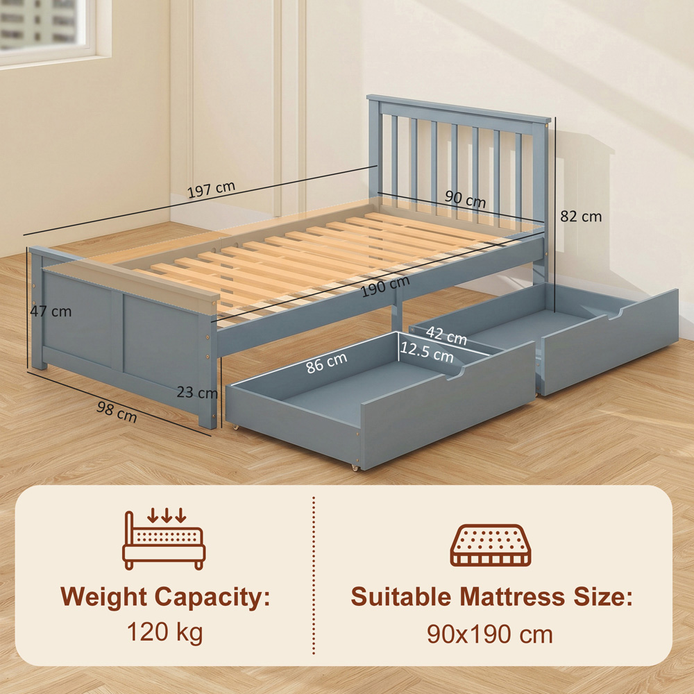 HOMCOM Single Grey Bed Frame with 2 Drawers and Headboard Image 9