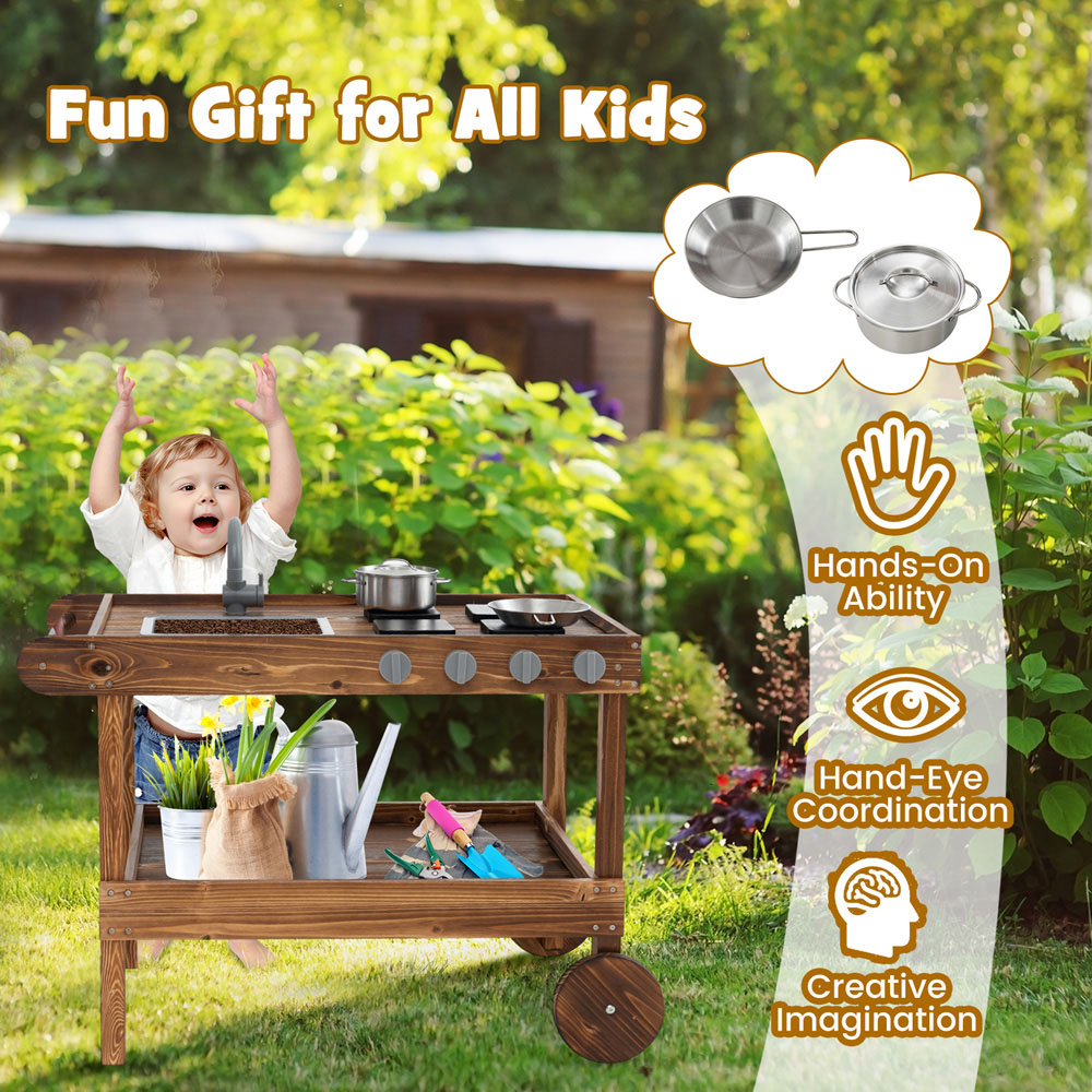 Costway Natural Mud Kitchen with Rolling Wheels Playset Image 6