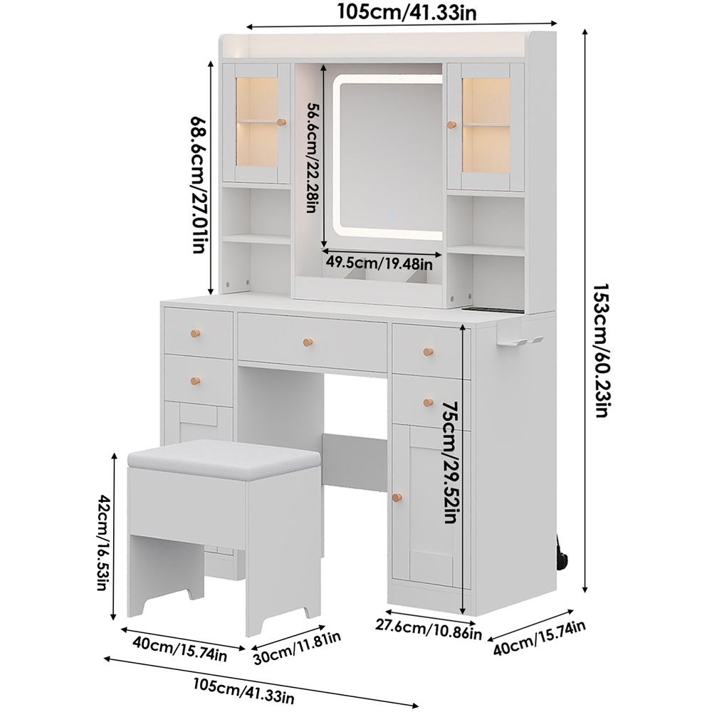 Living and Home 5 Drawer 4 Door 3 Shelf White LED Dressing Table Set Image 9