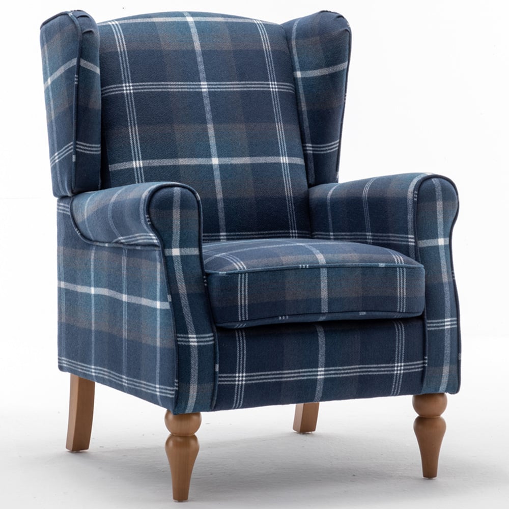 Furniture One Blue Check Fabric Wing Back Fireside Armchair Image 2
