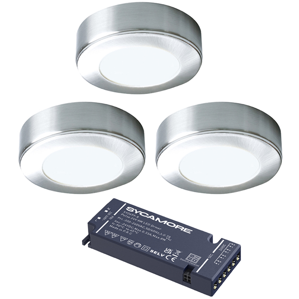 Sorrelis Oberon Aluminium Round Natural White 3 Cabinet Light Kit Image 1