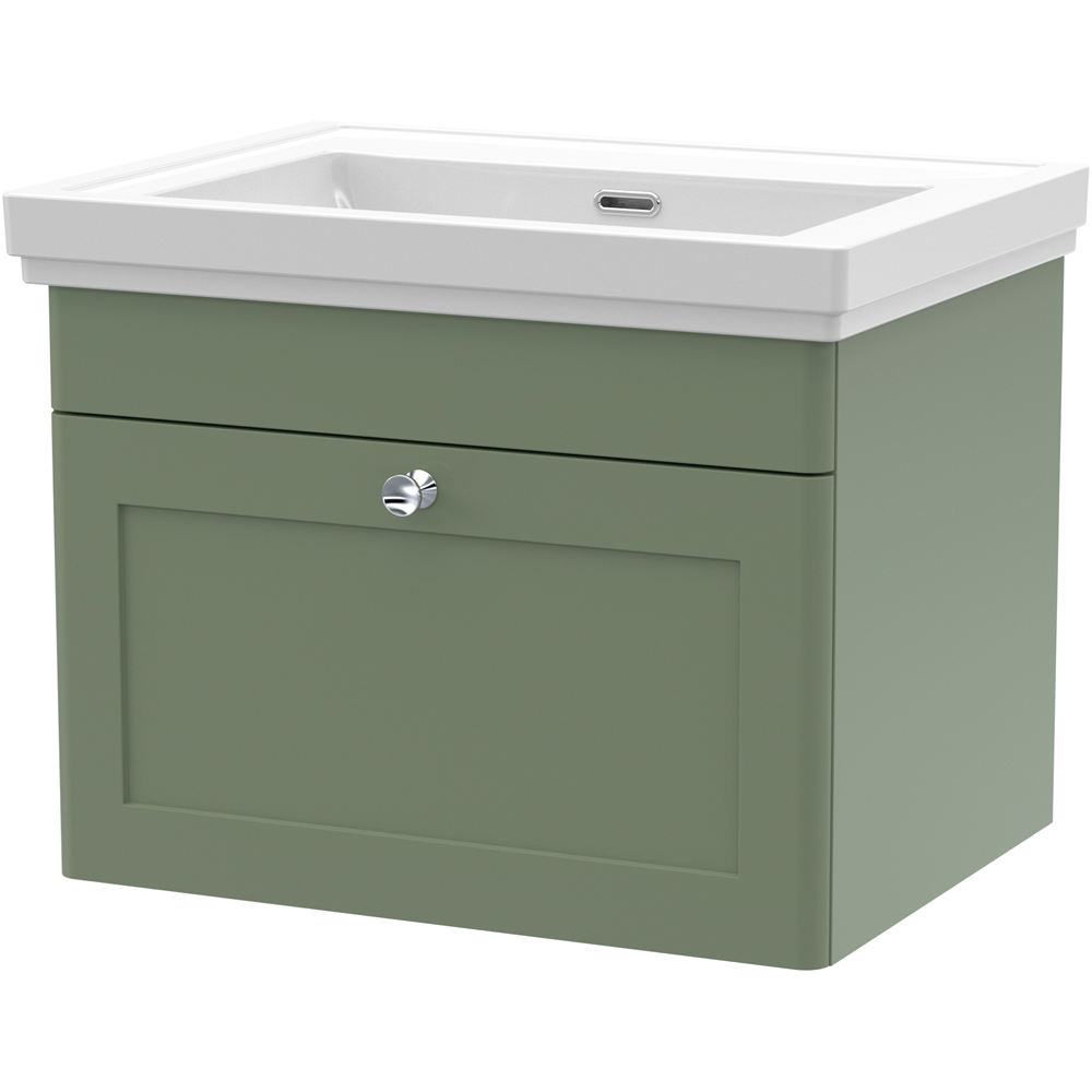 nuie Classique Single Drawer Satin Green Wall Hung Unit and 0 Tap Hole Fireclay Basin 600mm Image 1