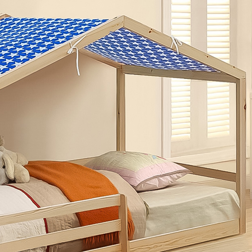 Brooklyn Single Natural Wooden House Style Bed with Blue Tent Image 2
