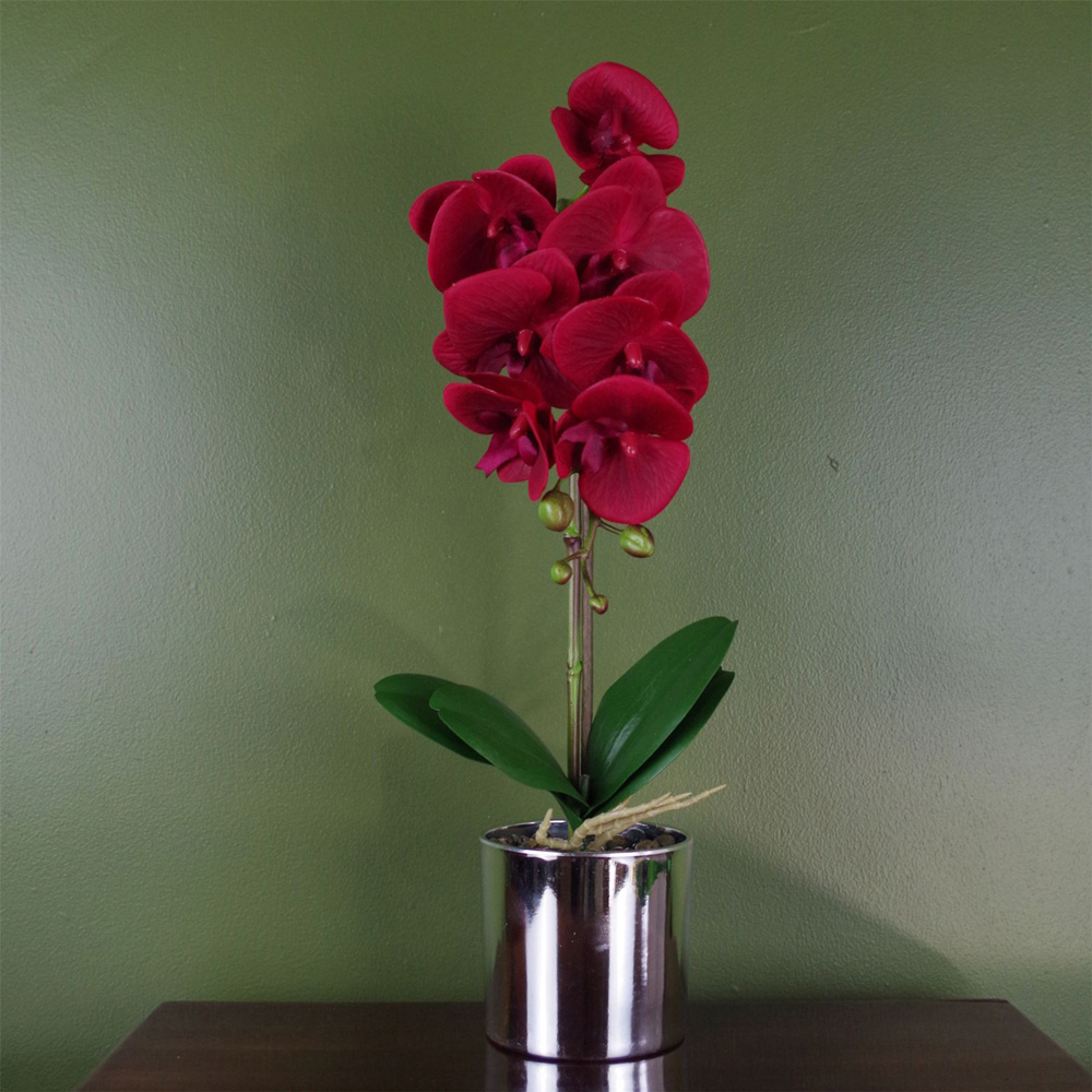 Botanik Red Orchid Artificial Plant in Silver Pot 46cm Image 2