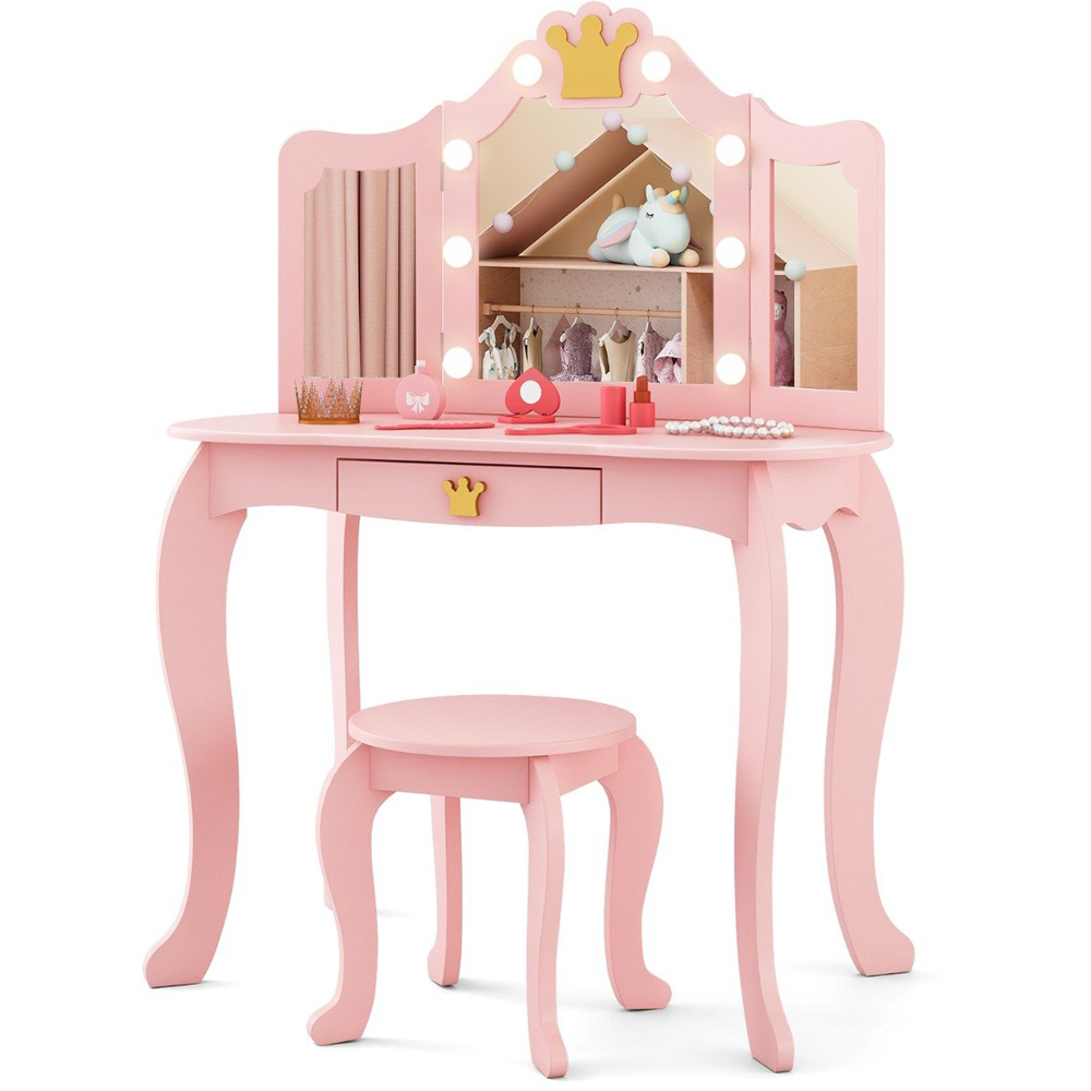 Costway Pink Kids Vanity Set with Lighted Mirror and Stool Image 2
