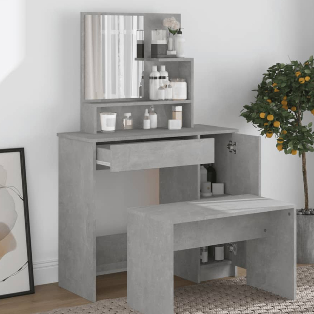 vidaXL Single Door Single Wide Drawer Concrete Grey Dressing Table with Mirror Image 1