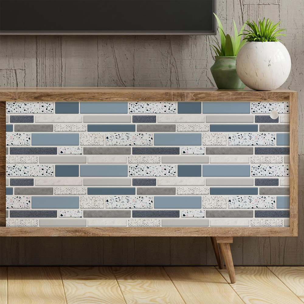 Walplus Terrazzo Silver Touch Blue and Grey Mosaic Tile Sticker 12 Pack Image 1