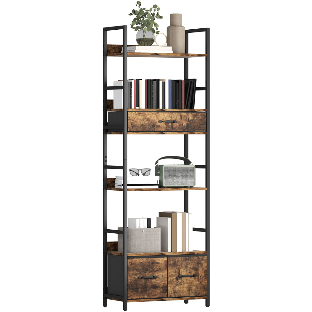 Portland 3 Fabric Drawer and 4 Shelf Rustic Brown Industrial Bookcase Image 2