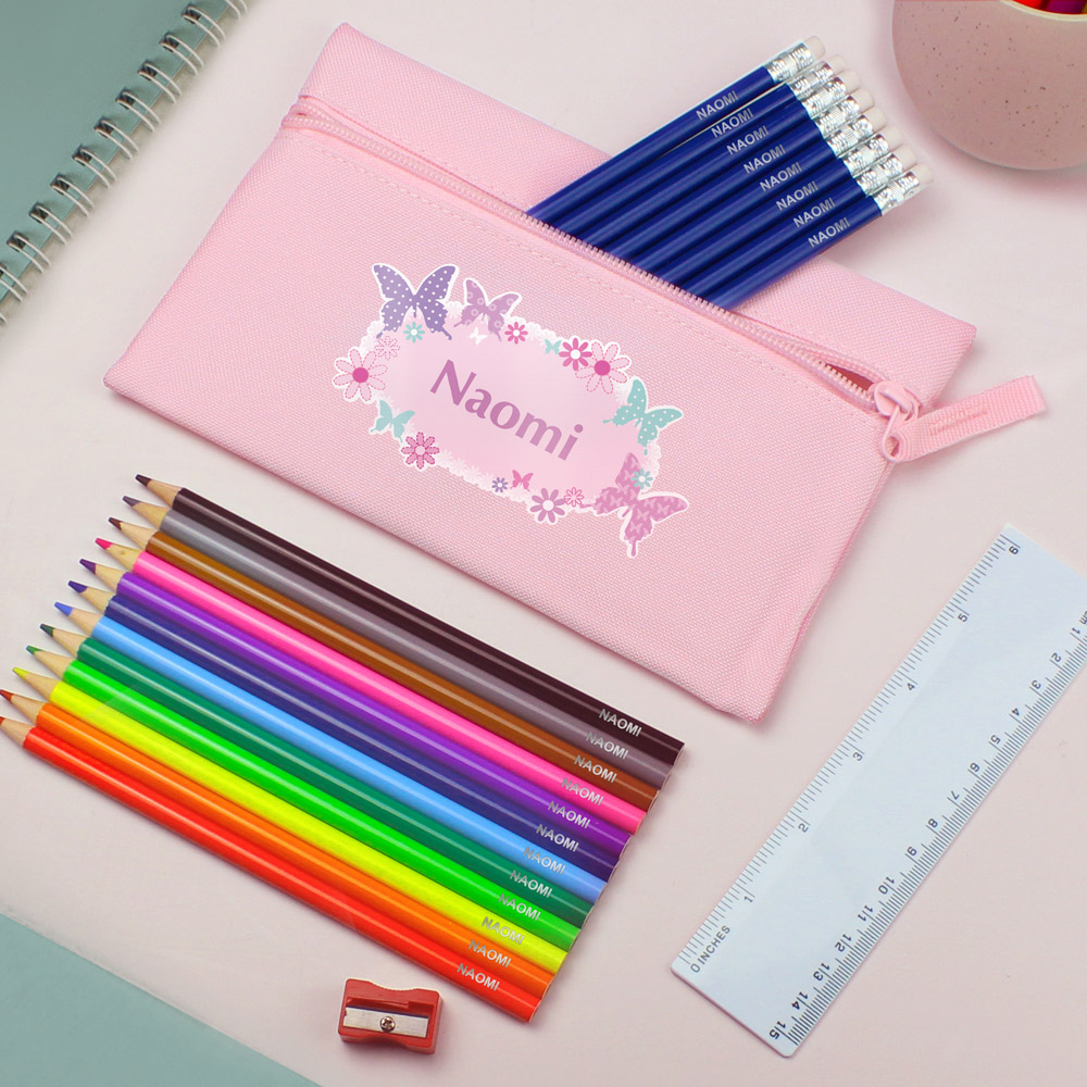 Personalised Memento Pink Butterfly Pencil Case with Personalised Pencils and Crayons Image 3