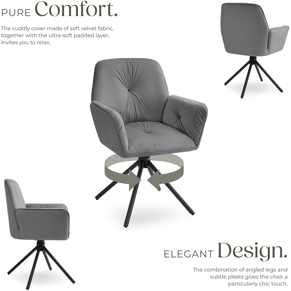 tectake Lenia Set of 2 Anthracite and Black Velvet Look Padded Swivel Chair Image 6