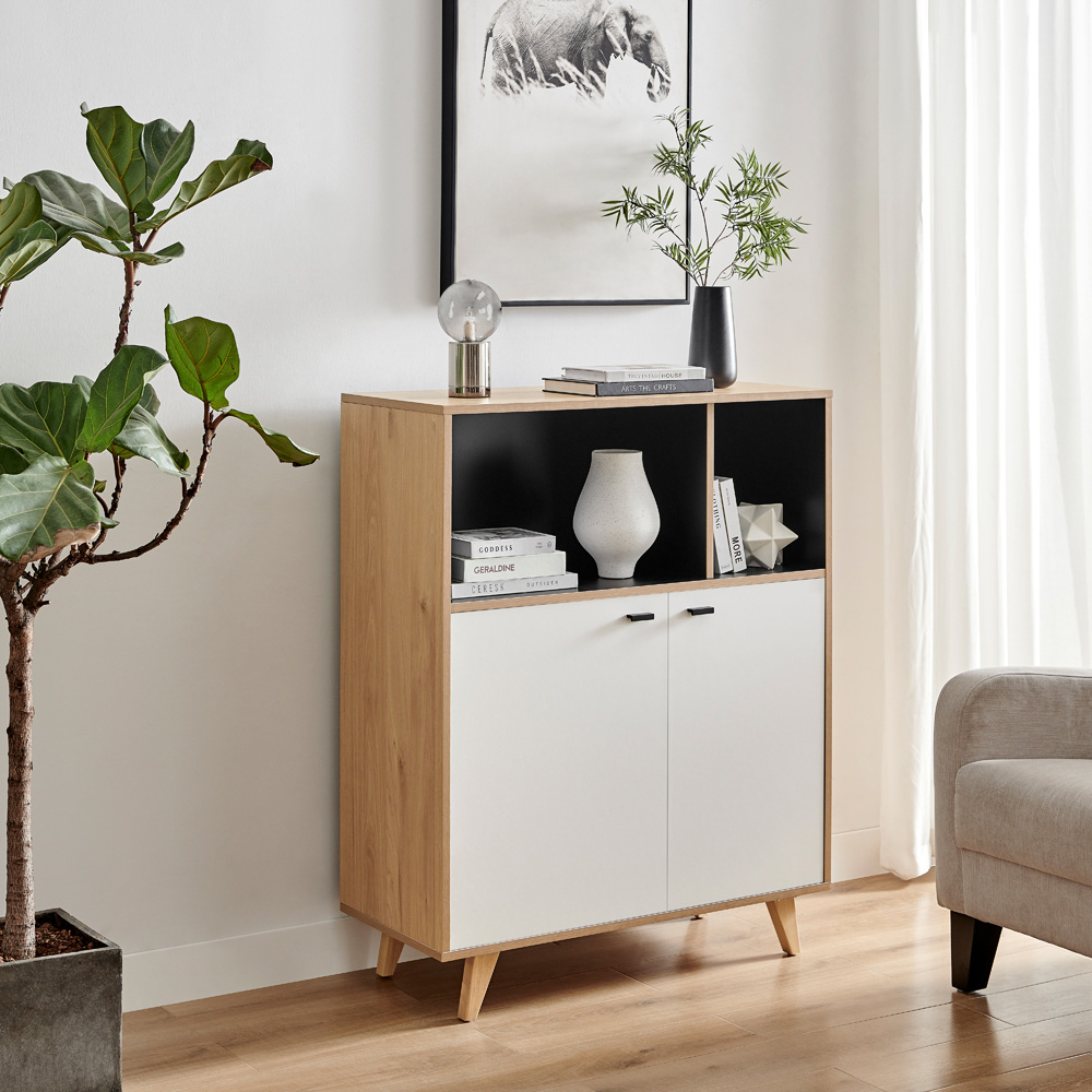 Furniturebox Billet 2 Door 2 Shelf Off White and Wood Effect Small Sideboard Image 7