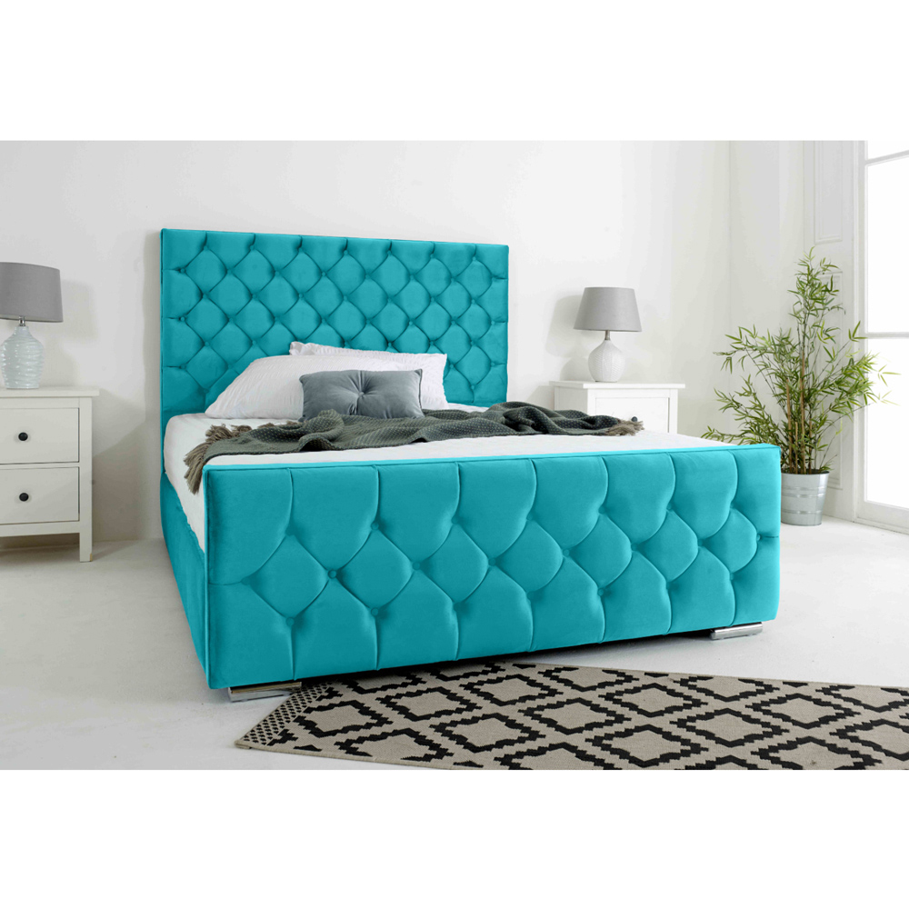 Eleganza Maya Single Teal Plush Velvet Bed Frame with Chesterfield Headboard Image 2