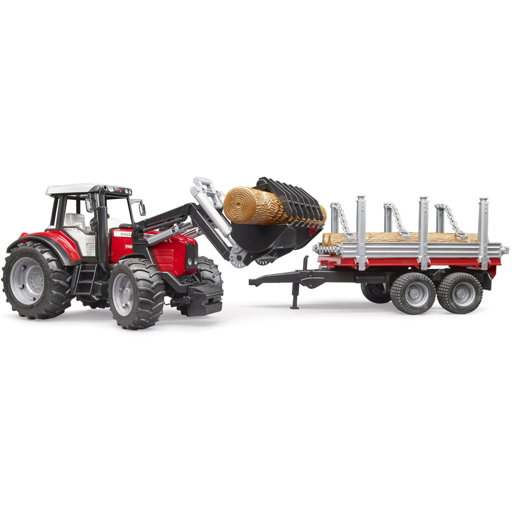Bruder Kids Massey Ferguson 7480 Tractor Playset Model with Frontloader and Timber Trailer Image 3