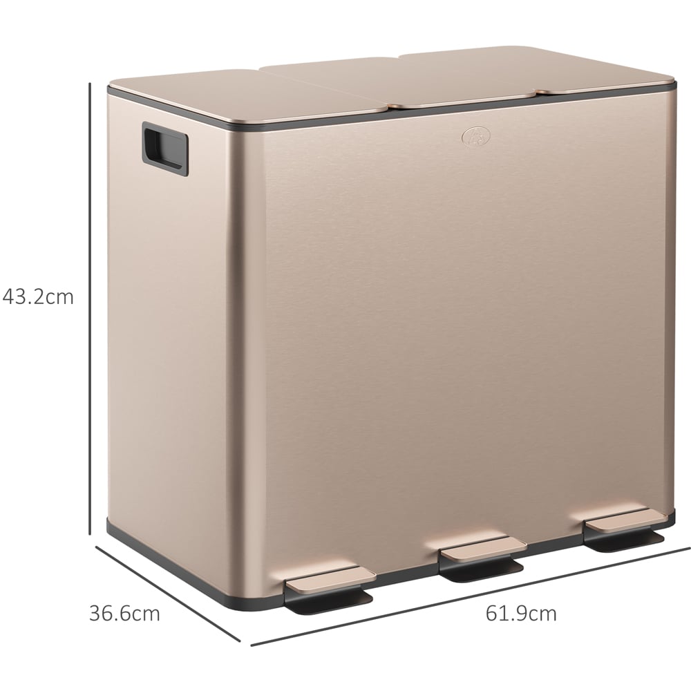 HOMCOM Gold Tone Triple Kitchen Bin Pedal Bin 45L Image 9