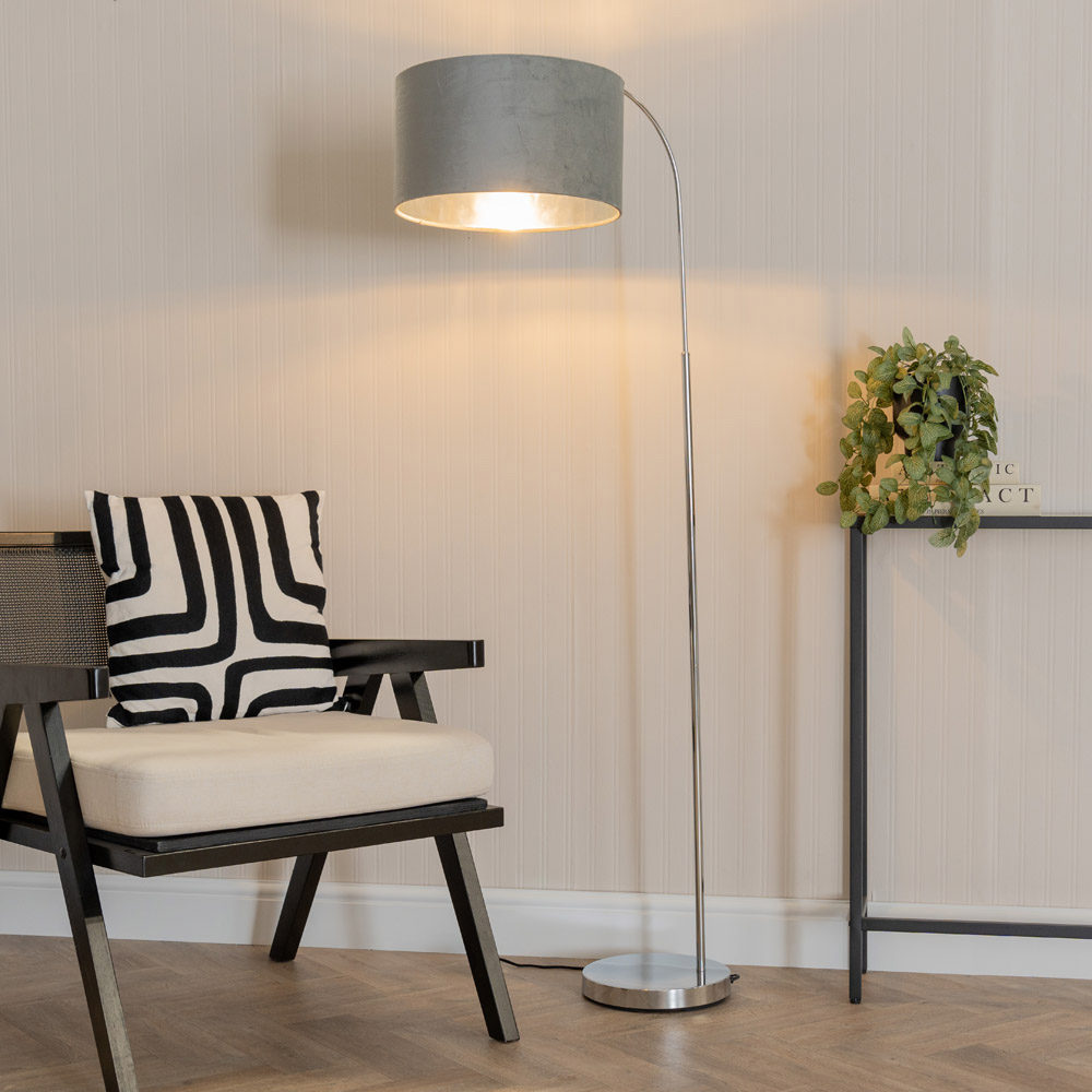 ValueLights Curva Chrome Arched LED Floor Lamp with Grey and Chrome Velvet Lamp Shade Image 3