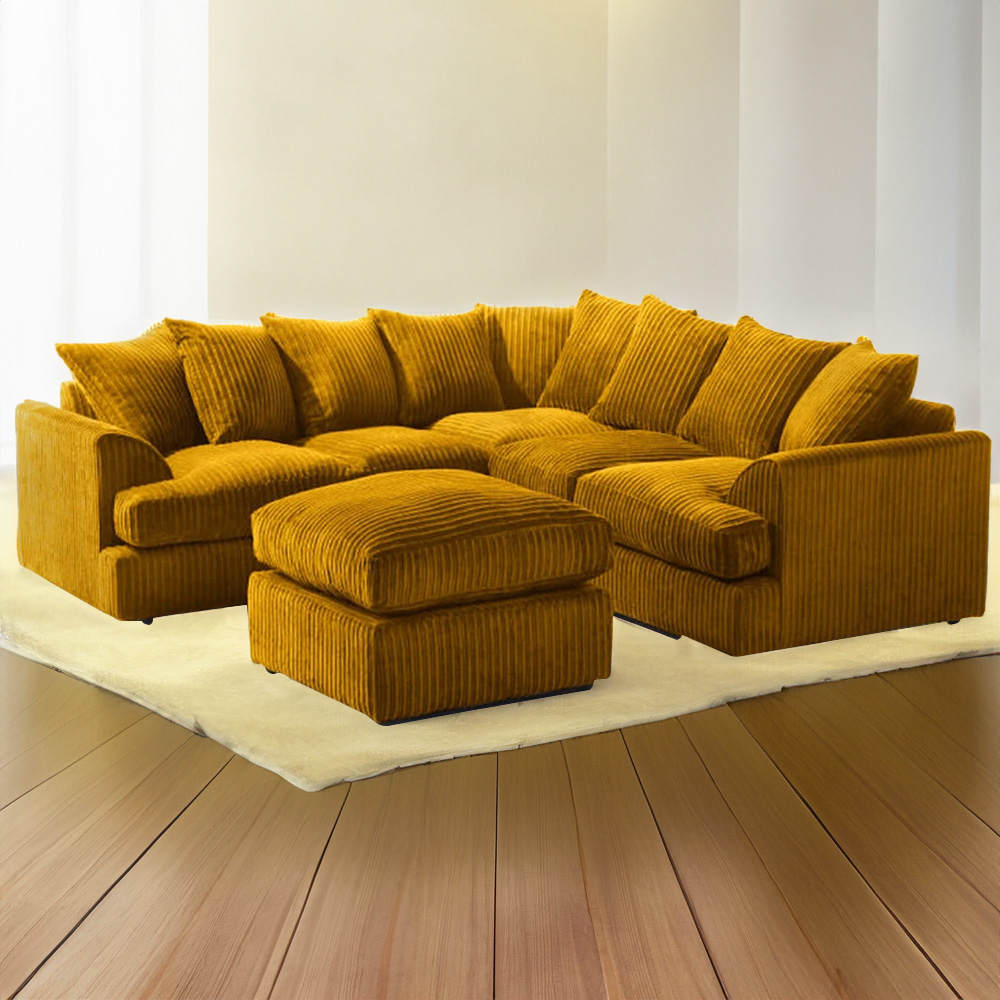 Portland Lana Modern 5 Seater Mustard T Arm Jumbo Cord Sofa with Footstool Image 1