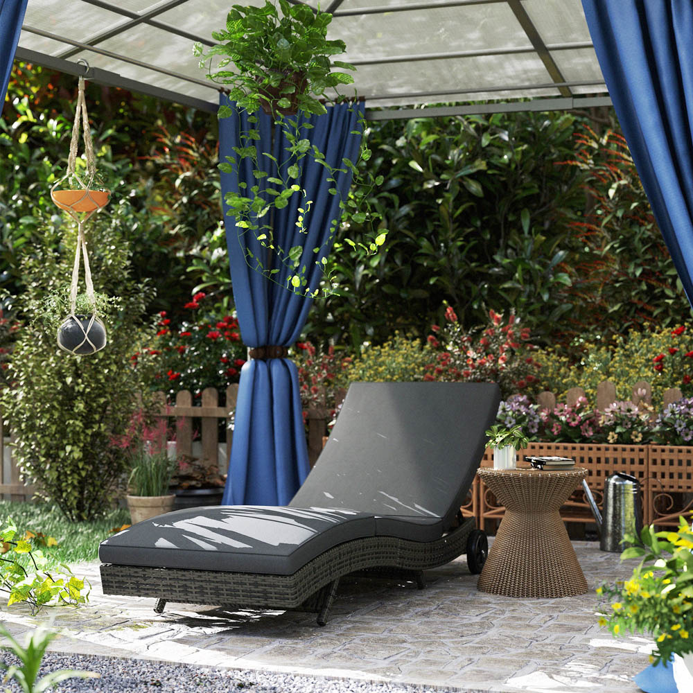 Outsunny Dark Grey Rattan Reclining Back Sun Lounger with Wheels Image 4