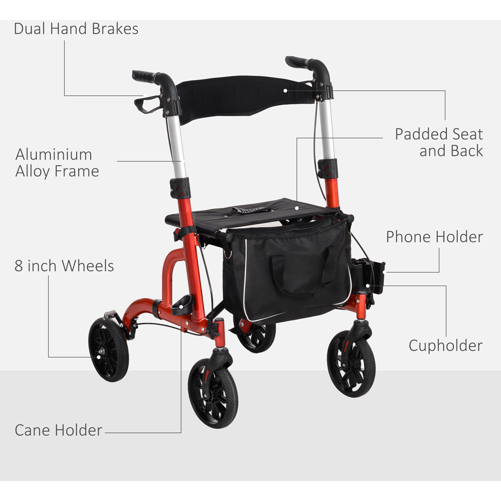 HOMCOM Red 4‑Wheel Lightweight Rollator Walker with Seat and Backrest Image 6