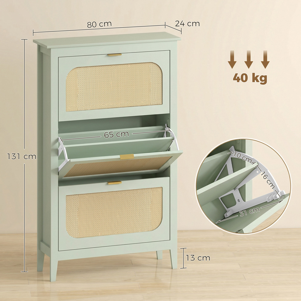 HOMCOM 3 Flip Door Green Rattan Boho-Style Slim Shoe Cabinet Image 9