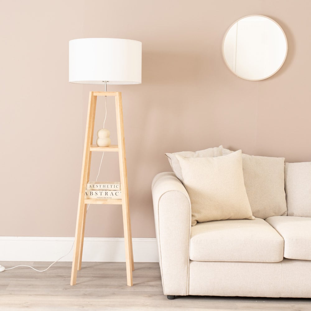 ValueLights Wakefield White Fabric Shade Quad Base LED Floor Lamp with 2 Shelves Image 3