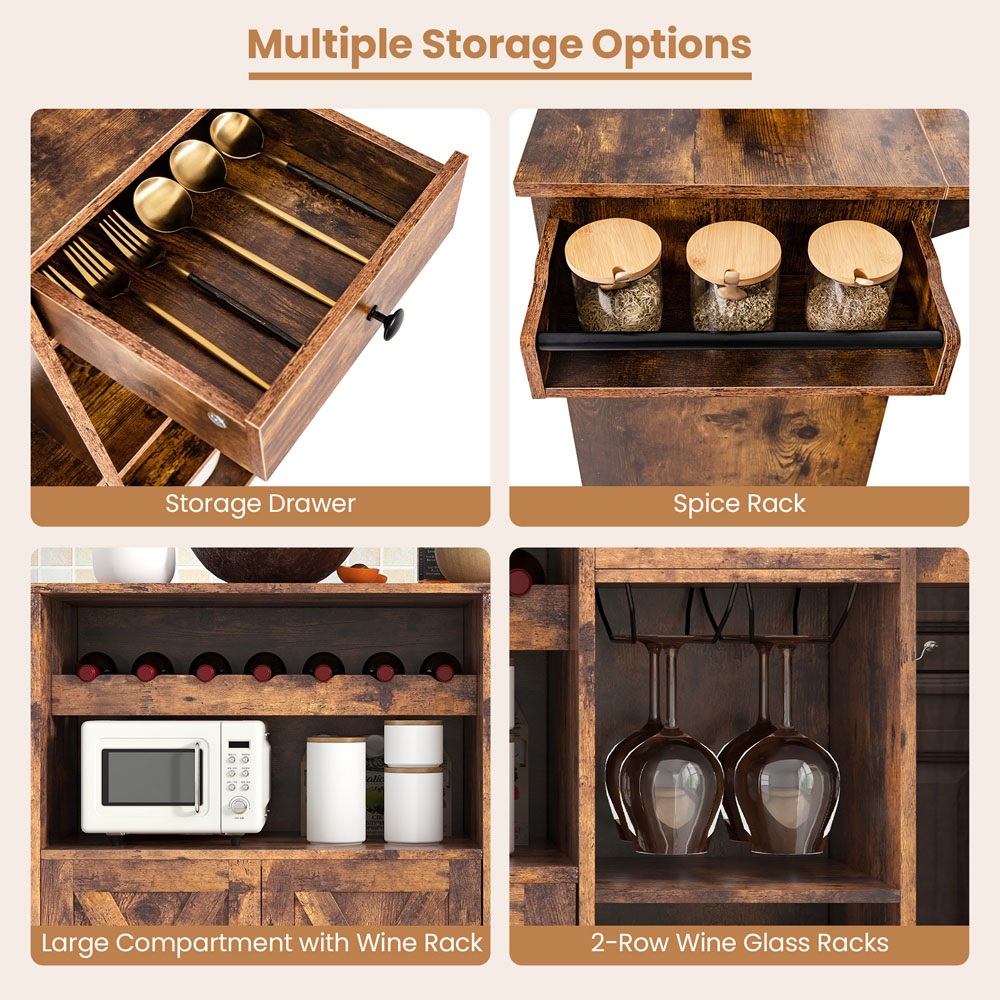 Costway Rustic Brown Drop Leaf Kitchen Island Trolley Image 5
