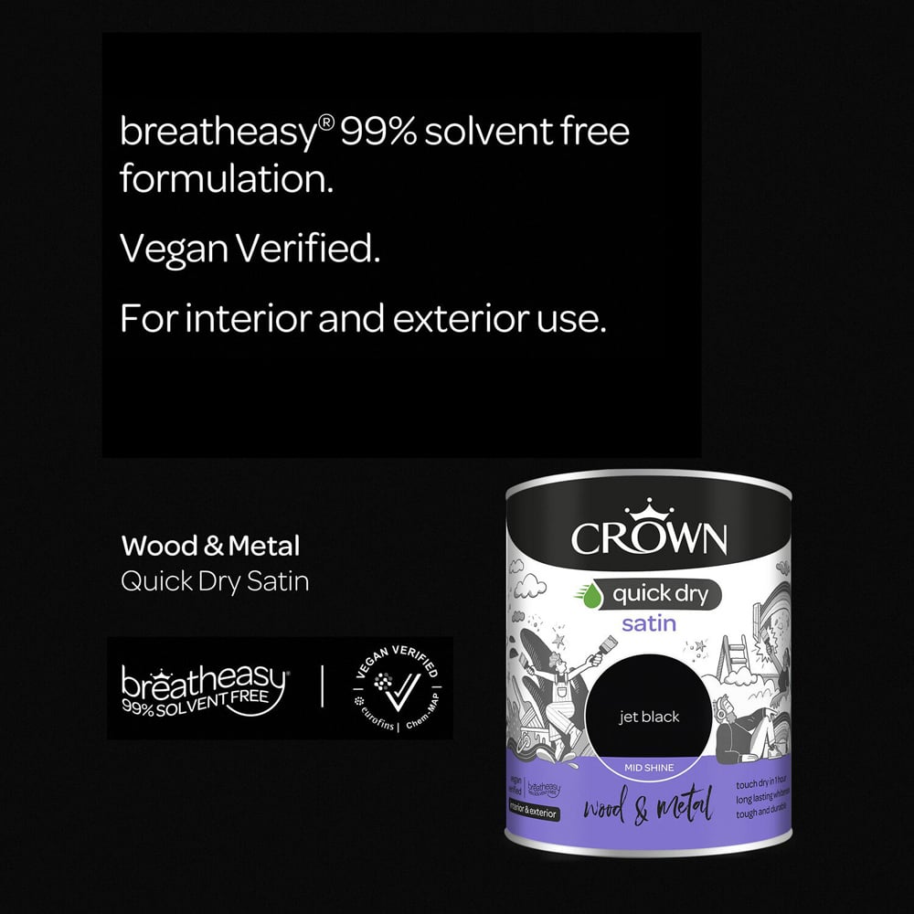 Crown Quick Dry Jet Black Satin Wood and Metal Paint 750ml Image 5