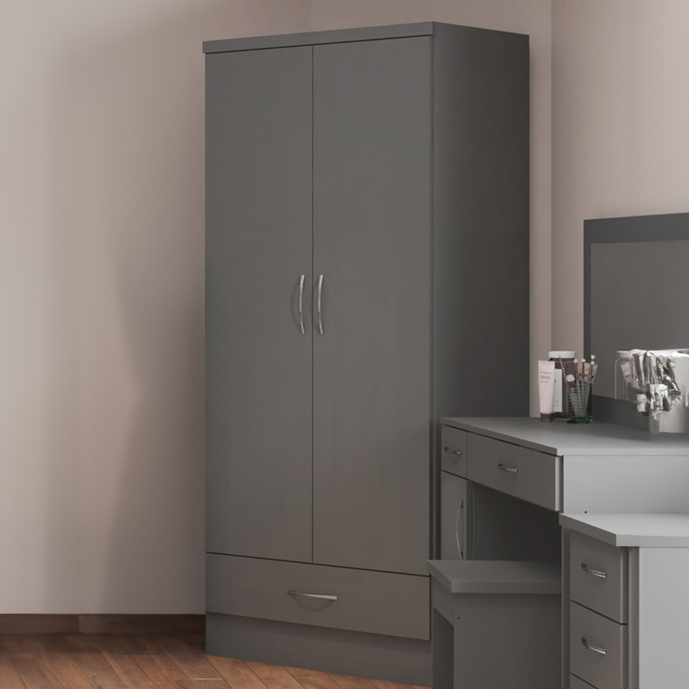 Seconique Nevada 2 Door Single Drawer 3D Effect Grey Wardrobe