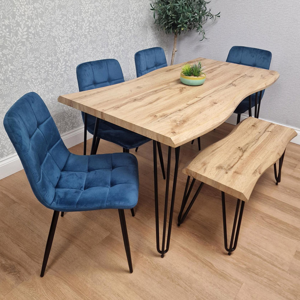 Kosy Koala 4 Seater Tufted Velvet Wooden Dining Set with Bench Blue and Brown Image 1