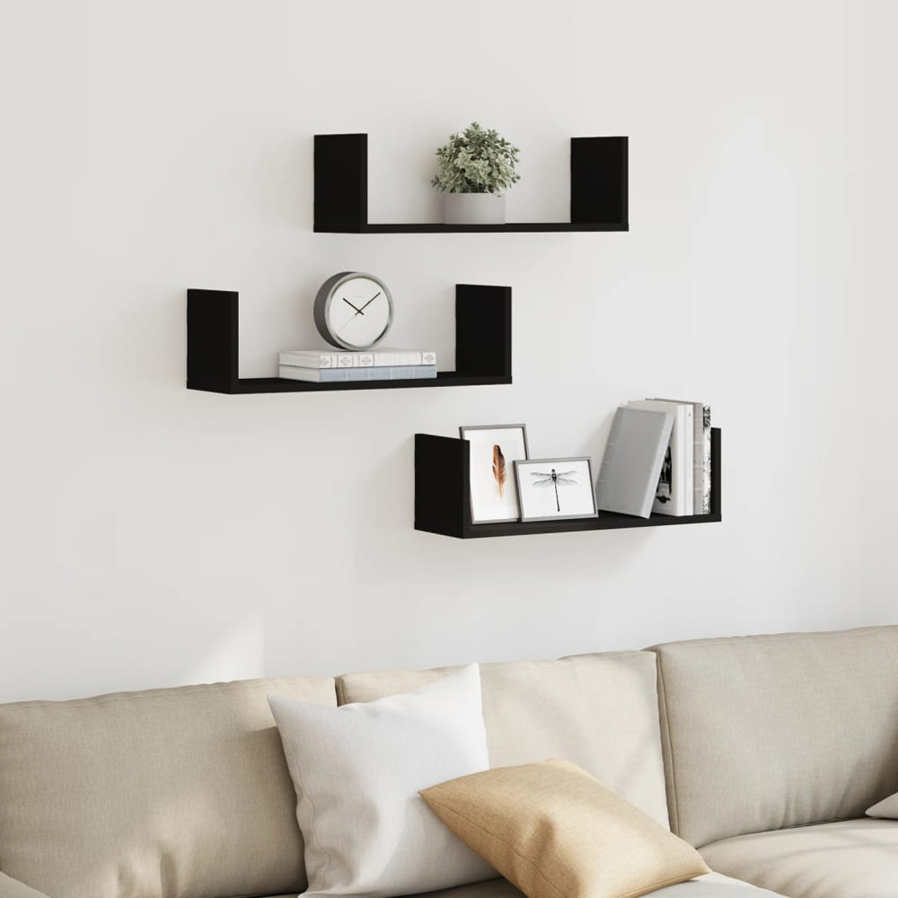 vidaXL 58cm Set of 3 Black Floating Wall Shelf Image 2