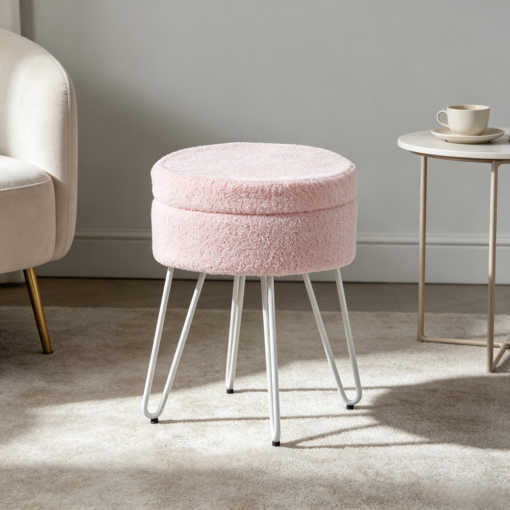 Living and Home Pink and White Teddy Fleece Hidden Storage Stool Image 7