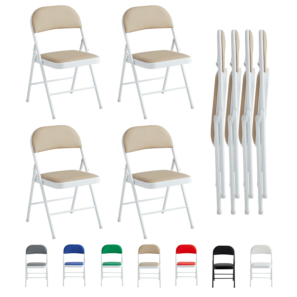 Set of 4 Beige Padded Folding Metal Dining Chairs Image 2