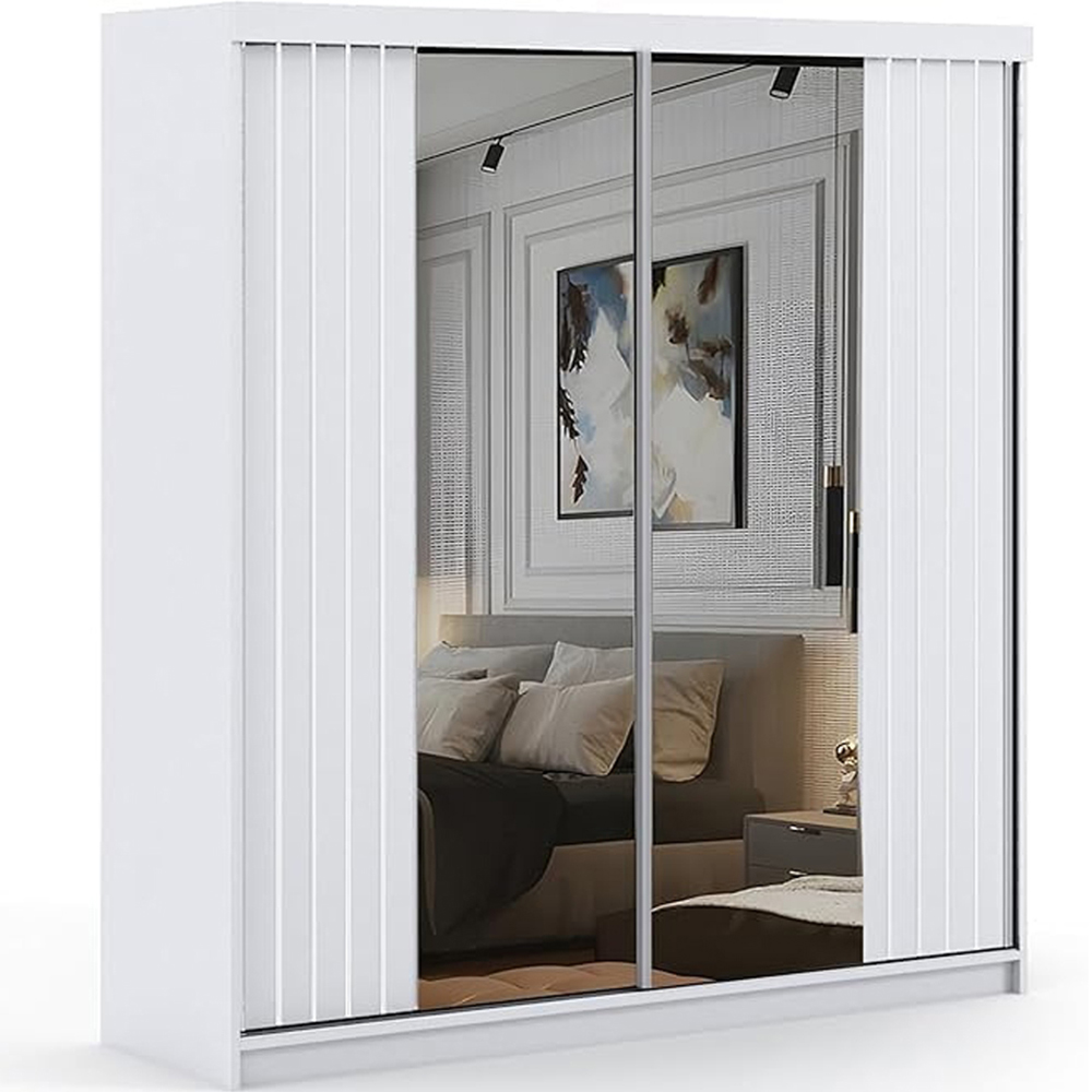 Sliding Wardrobes 4U 2 Sliding Door White Modern Silver Trim Mirrored Wardrobe 200cm Image 2