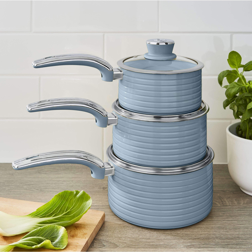 Swan Retro 3 Piece Blue Aluminium Non-Stick Saucepan Set Image 2