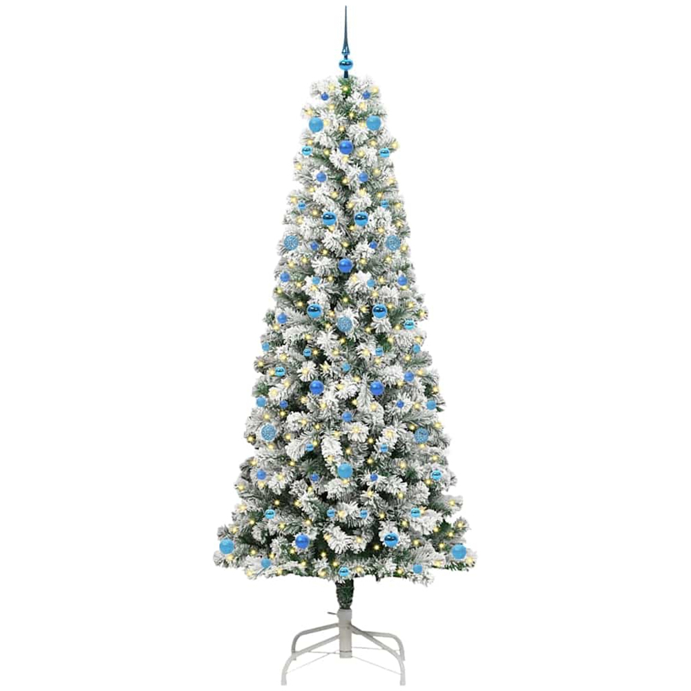 vidaXL Pre-Lit Warm White LED and Blue Baubles Snow Flocked Artificial Christmas Tree 8ft Image 1