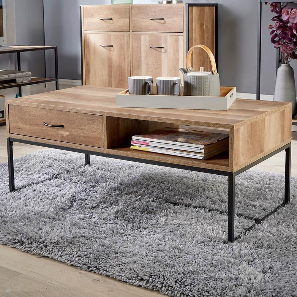 Home Source Oakmere Single Drawer Single Shelf Natural Coffee Table Image 1