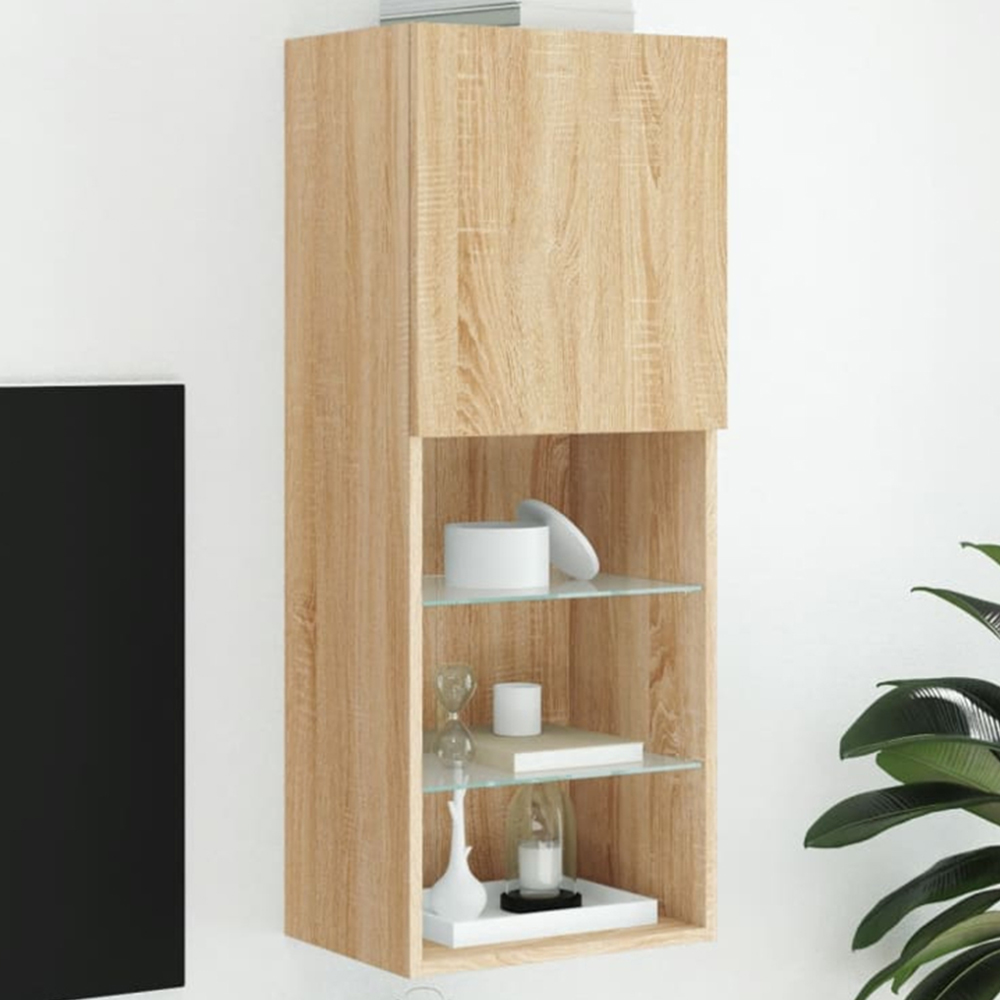 vidaXL Single Door 3 Open Shelf Sonoma Oak TV Cabinet with LED Light Image 1