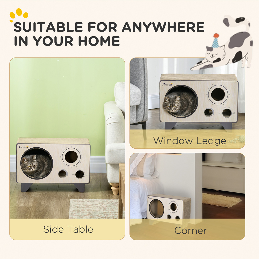 PawHut Natural Wood 2 in 1 Radio Shaped Indoor Cat Scratching Board and House Image 4