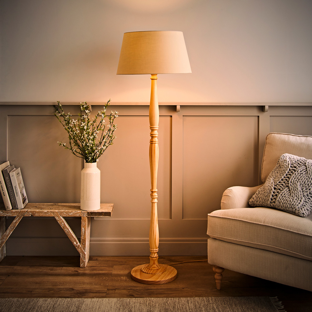 ValueLights Victoria Beige Fabric Tapered Shade Light Wood Traditional Stem LED Floor Lamp Image 2