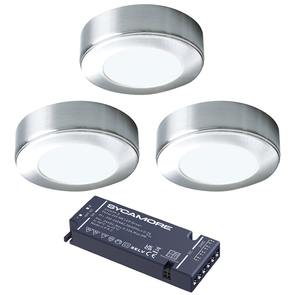 Sorrelis Oberon Aluminium Round Cool White 3 Cabinet Light Kit Image 1