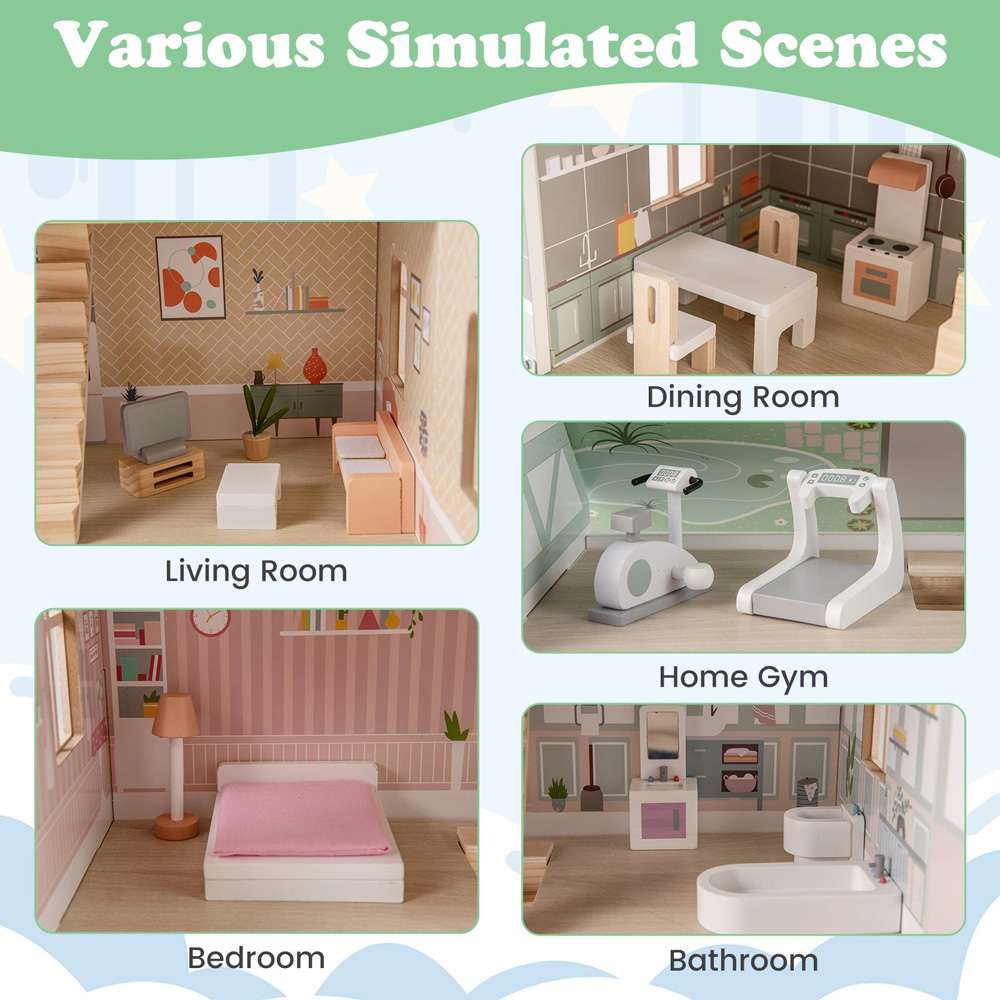 Costway Kids Multicolour Wooden Dollhouse with Furniture and Accessories Image 5