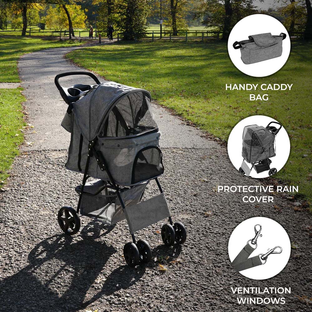 Monstershop Woven Grey Pet Stroller with Rain Cover and Caddy Bag Image 5