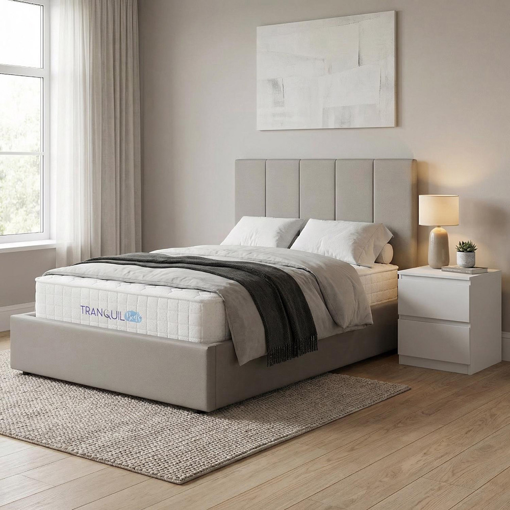 FWStyle Hoscar Double Beige Upholstered Lift-Up Ottoman Bed Frame with Ribbed Headboard Image 2