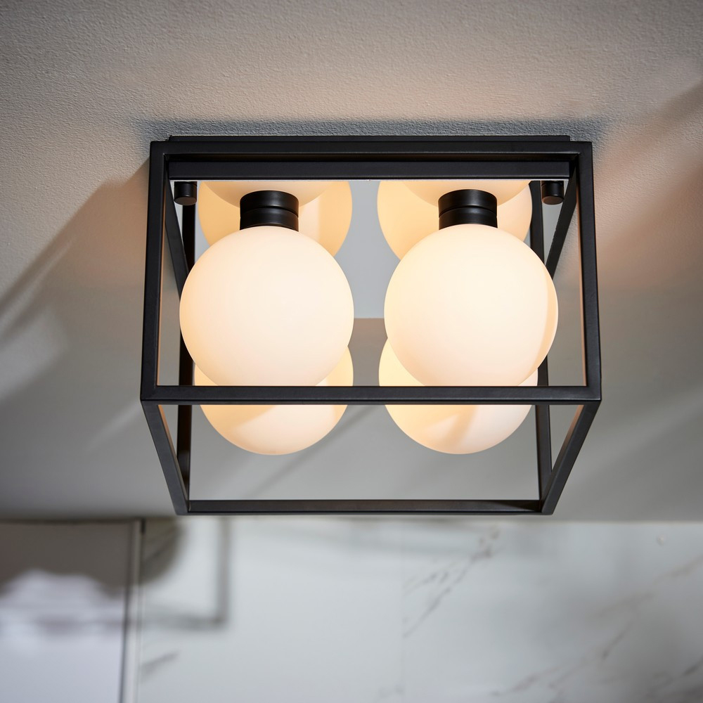 Merano Matera Matt Black and Matt Opal Glass Semi Flush Bathroom 4 Light Ceiling Light Image 5