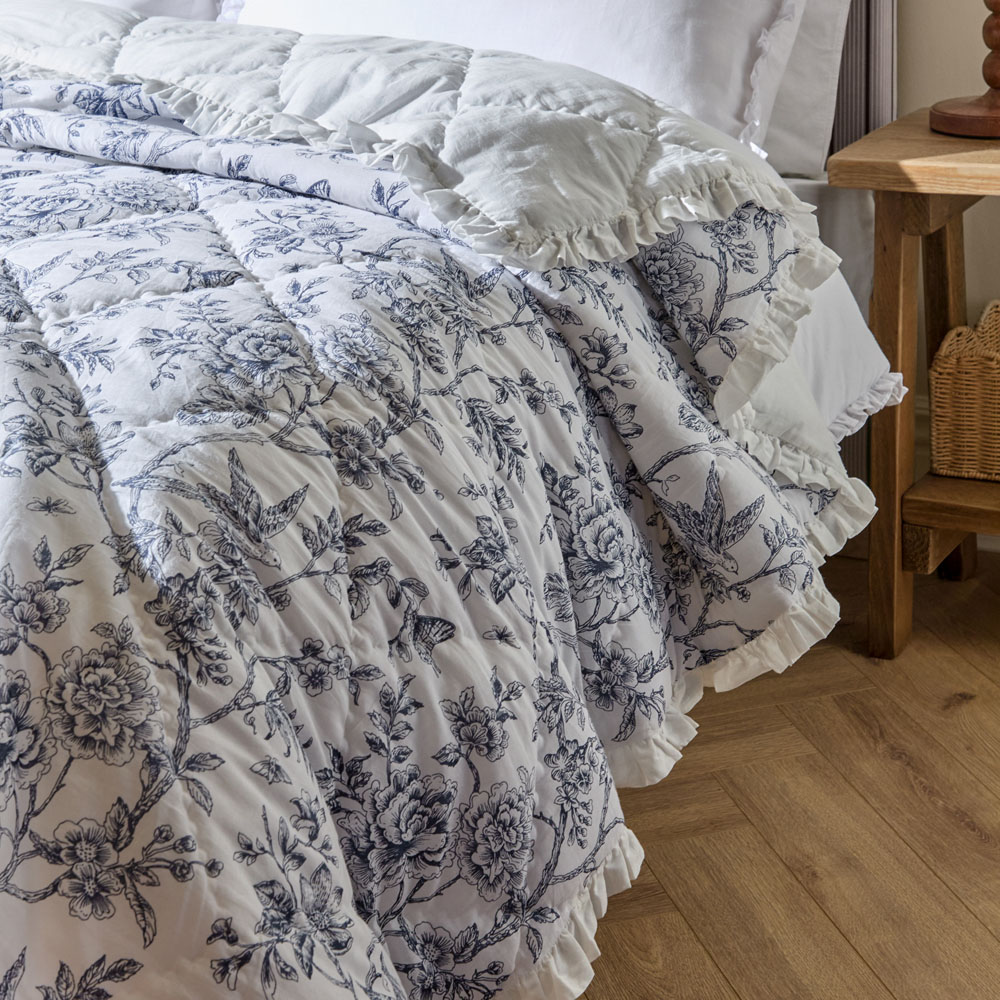 Wylder Nature Hermione Ivory and Blue Ruffled Cotton Bedspread 240 x 260cm Image 5