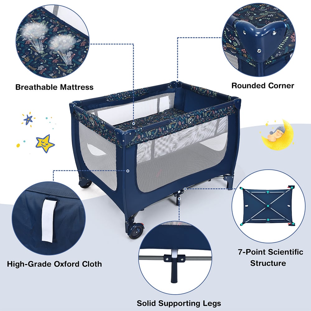 Costway Blue 2 in 1 Foldable Baby Playpen with Lockable Wheels and Mattress Image 7